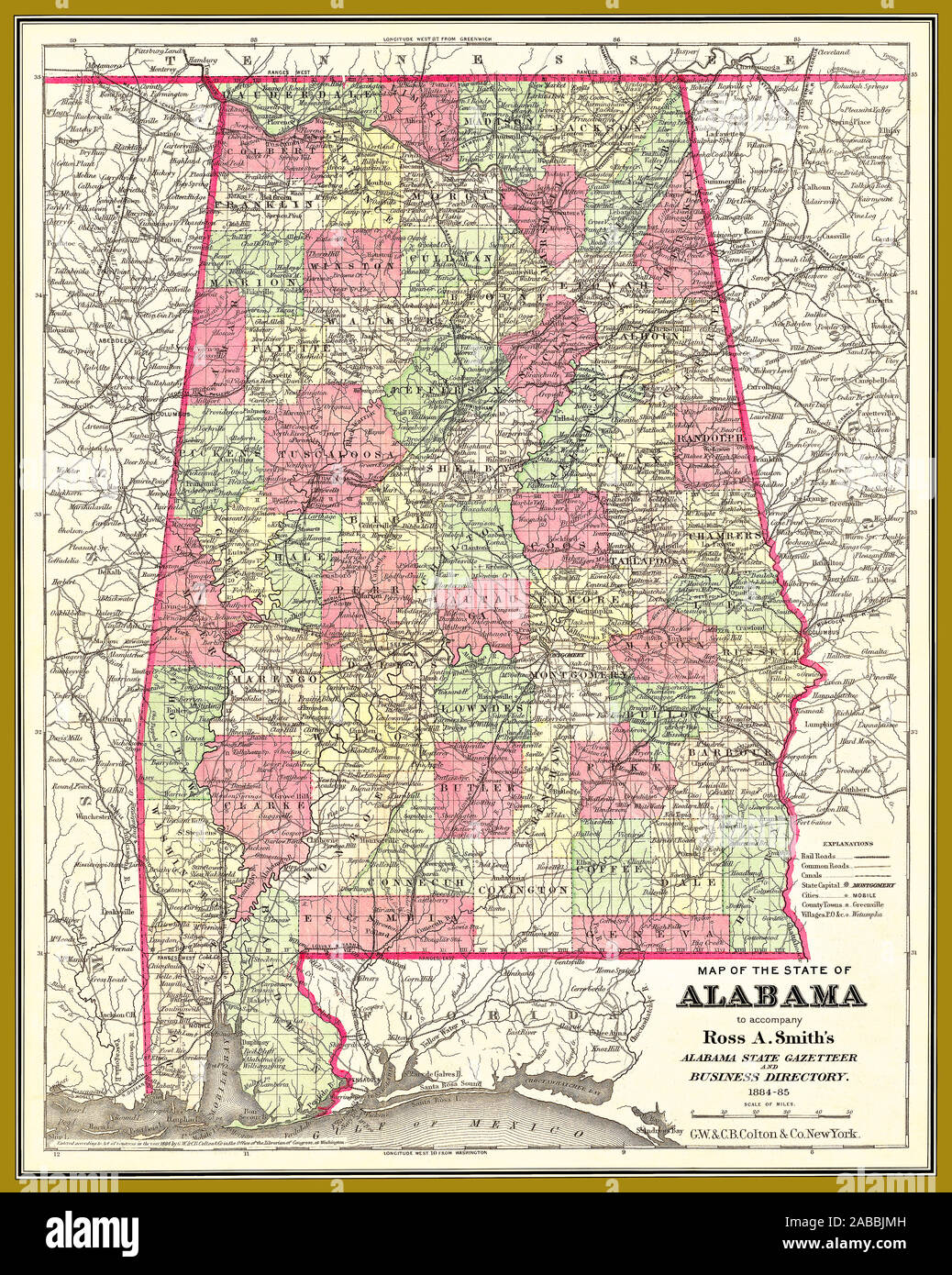 Antike restaurierte Reproduktion auf einer Karte des Bundesstaats Alabama in die Alabama State Ortsverzeichnis und Business Directory, 1884-85 verwendet. Stockfoto