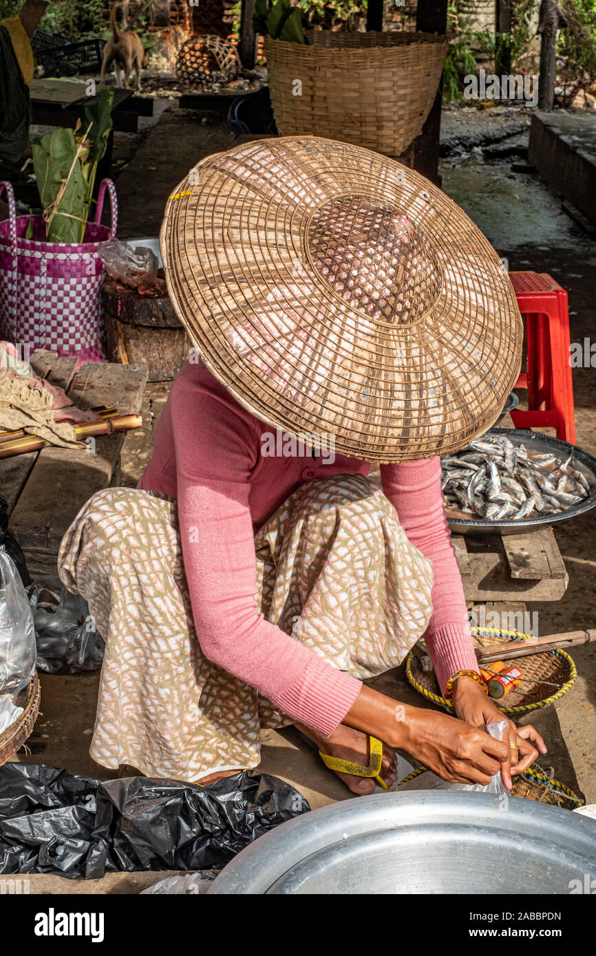Weibliche Fischhändler in traditionellen Konischen asiatischen Hut & sarong bereitet Fisch für den Verkauf in der Kanne Dorf Markt durch den Chindwin Fluss, Myanmar (Birma) Stockfoto