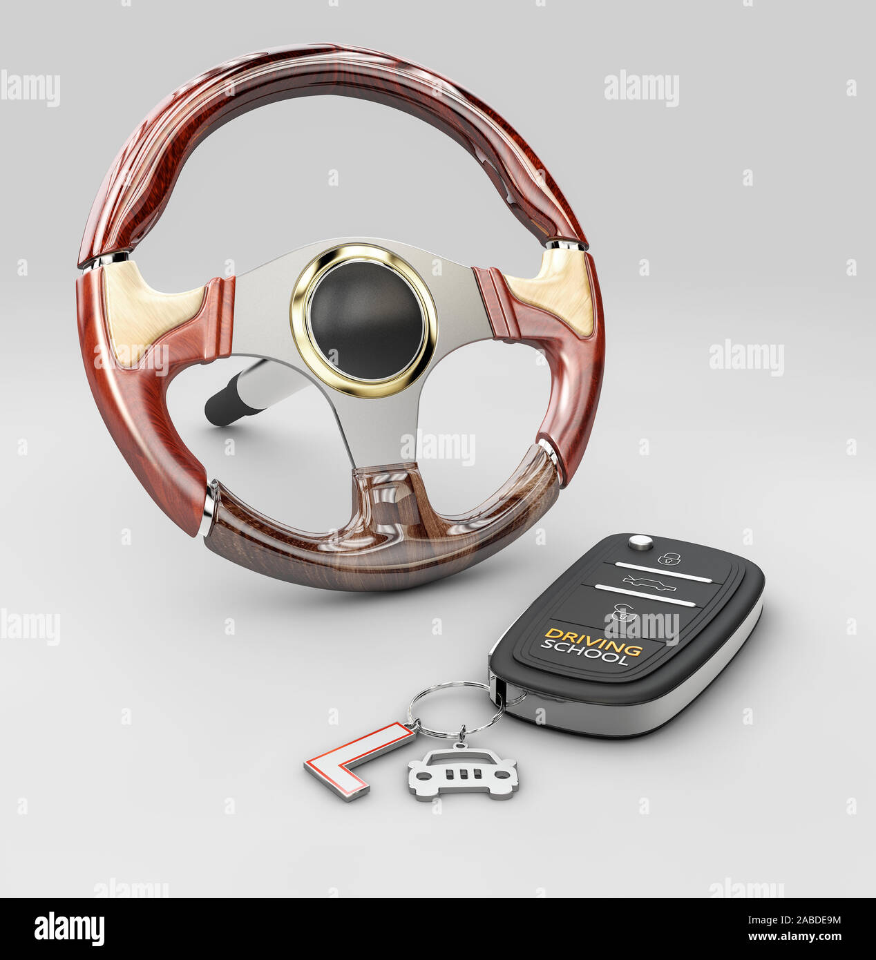 3D-Rendering des Lenkrads mit auto-Taste, isoliert auf Grau. Stockfoto