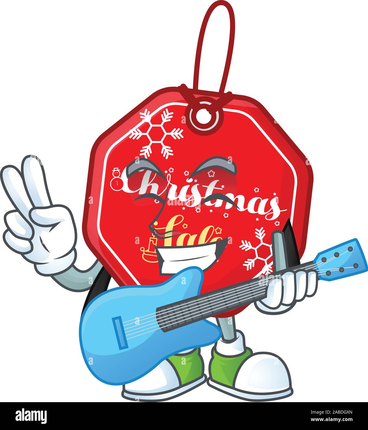 Super coole Weihnachten Verkauf tag Zeichentrickfigur Leistung mit Gitarre Stock Vektor Super coole Weihnachten Verkauf tag Zeichentrickfigur Leistung mit Gitarre Stock Vektor