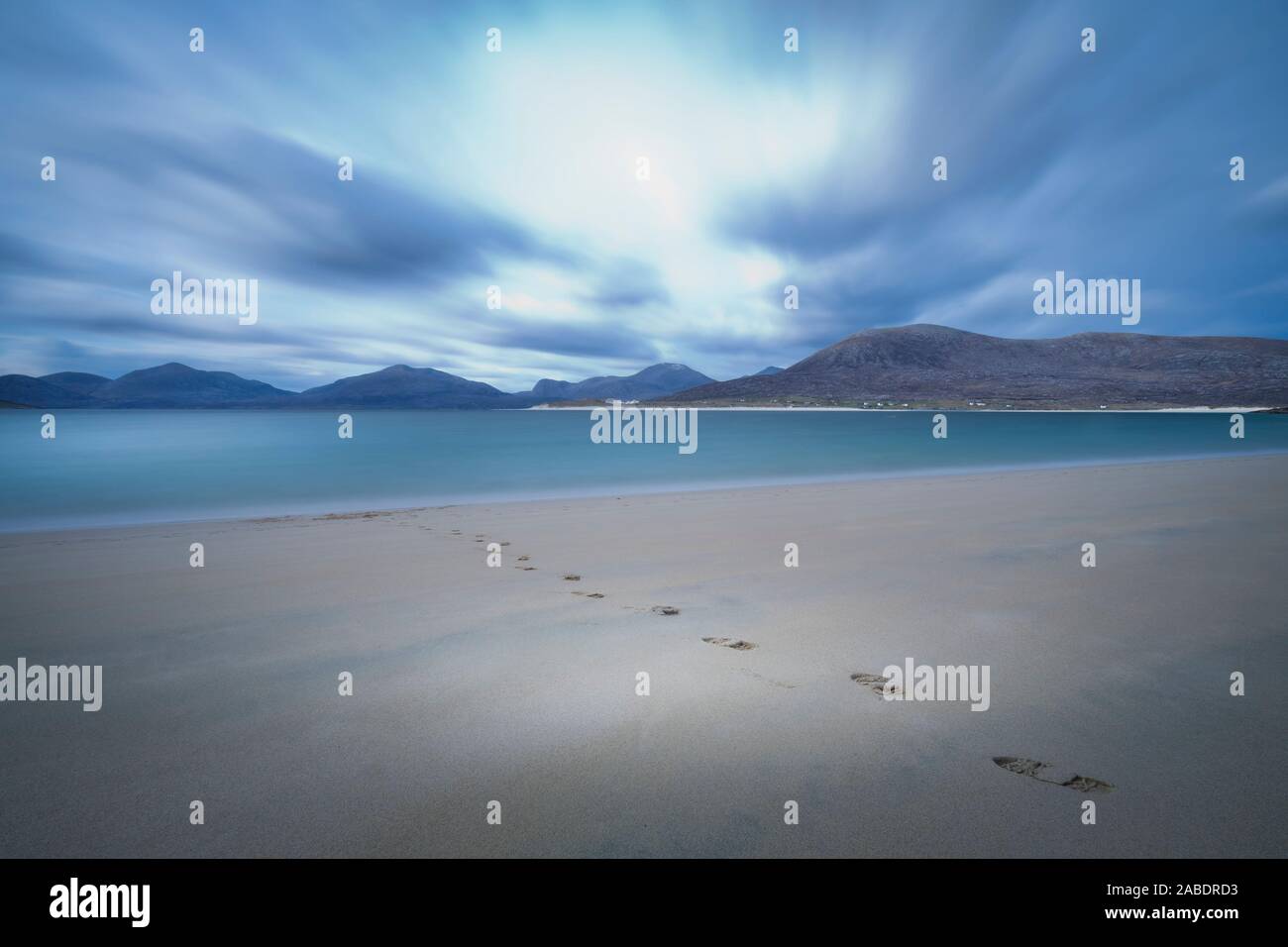 Fuß gedruckt am Sandstrand Stockfoto