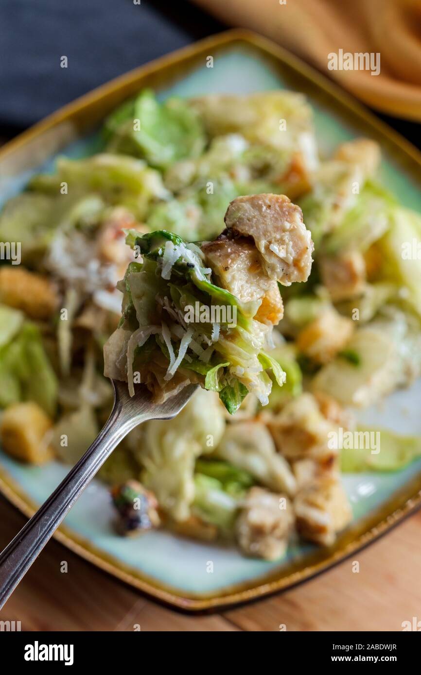 Frisch gegrillte Hühnchen Caesar Salat mit Croutons und Parmesan Stockfoto