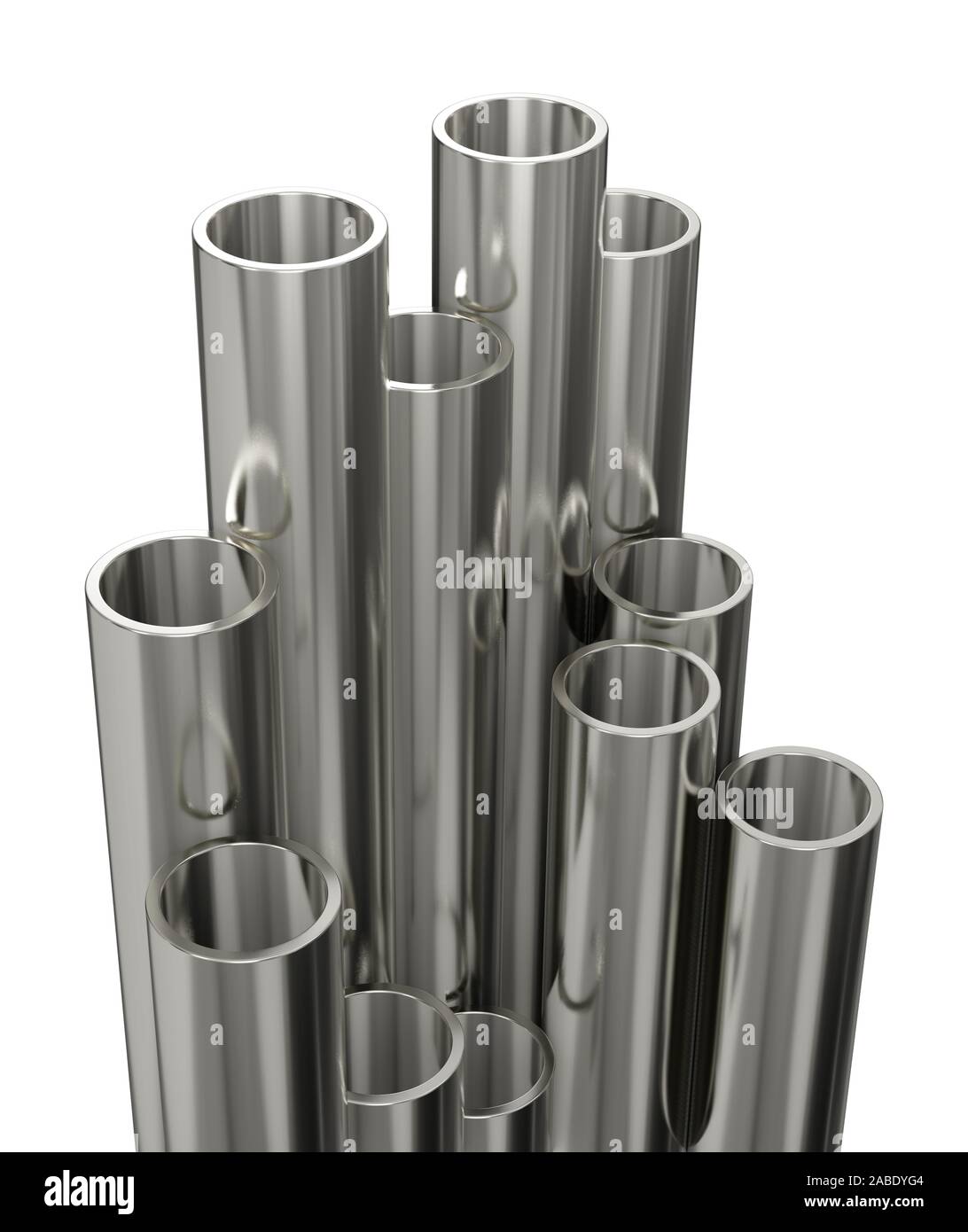 Rohre aus Stahl der auf weißem Hintergrund. Glänzend 3D Rendering Stahlrohre Design. Stockfoto
