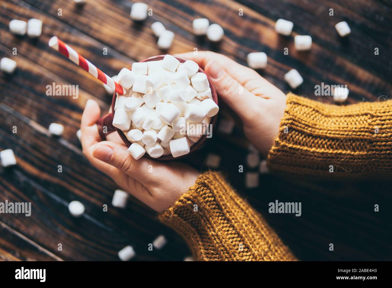 Weibliche Hände, die heiße Schokolade Tasse mit Marshmallow auf dunklen Hintergrund Stockfoto