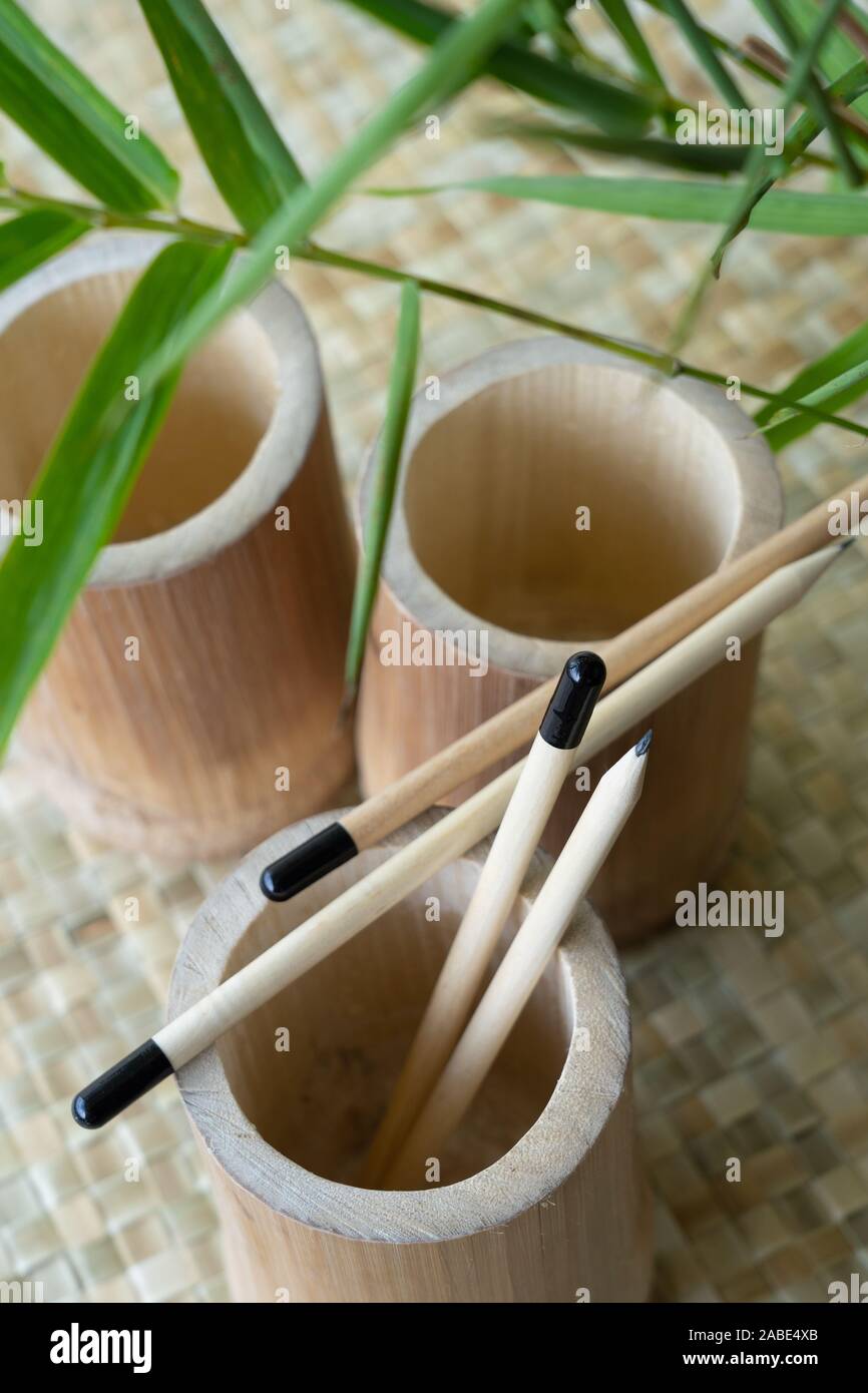 Plantable Bleistifte aus Bambus. Anstelle von einem Radiergummi am Ende, eine biologisch abbaubare Gelatine Kapsel wird mit Samen. Am Ende der penc Stockfoto