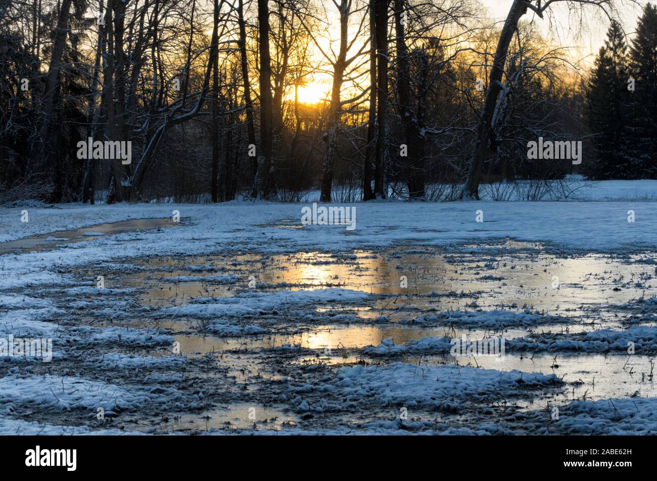 Winterlandschaft mit Sonnenaufgang über einem Schneefeld mit gefrorenen Pfützen in den frühen Morgenstunden Stockfoto