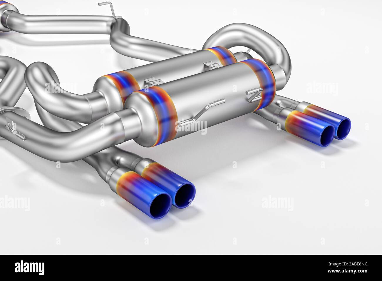 Tuning Auspuffanlage für ein Sportwagen. Auto Schalldämpfer, Auspufftopf auf einem weißen Hintergrund. 3D-Rendering Stockfoto