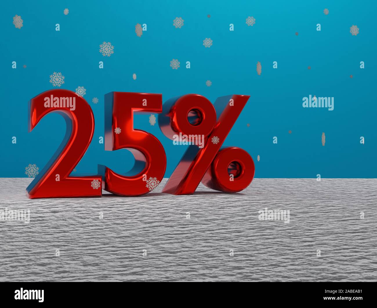 Rot 25 Fünfundzwanzig Prozent Zeichen in einem Winter mit Schnee und Schneeflocken fallen und blauer Hintergrund - 3D-Rendering Stockfoto
