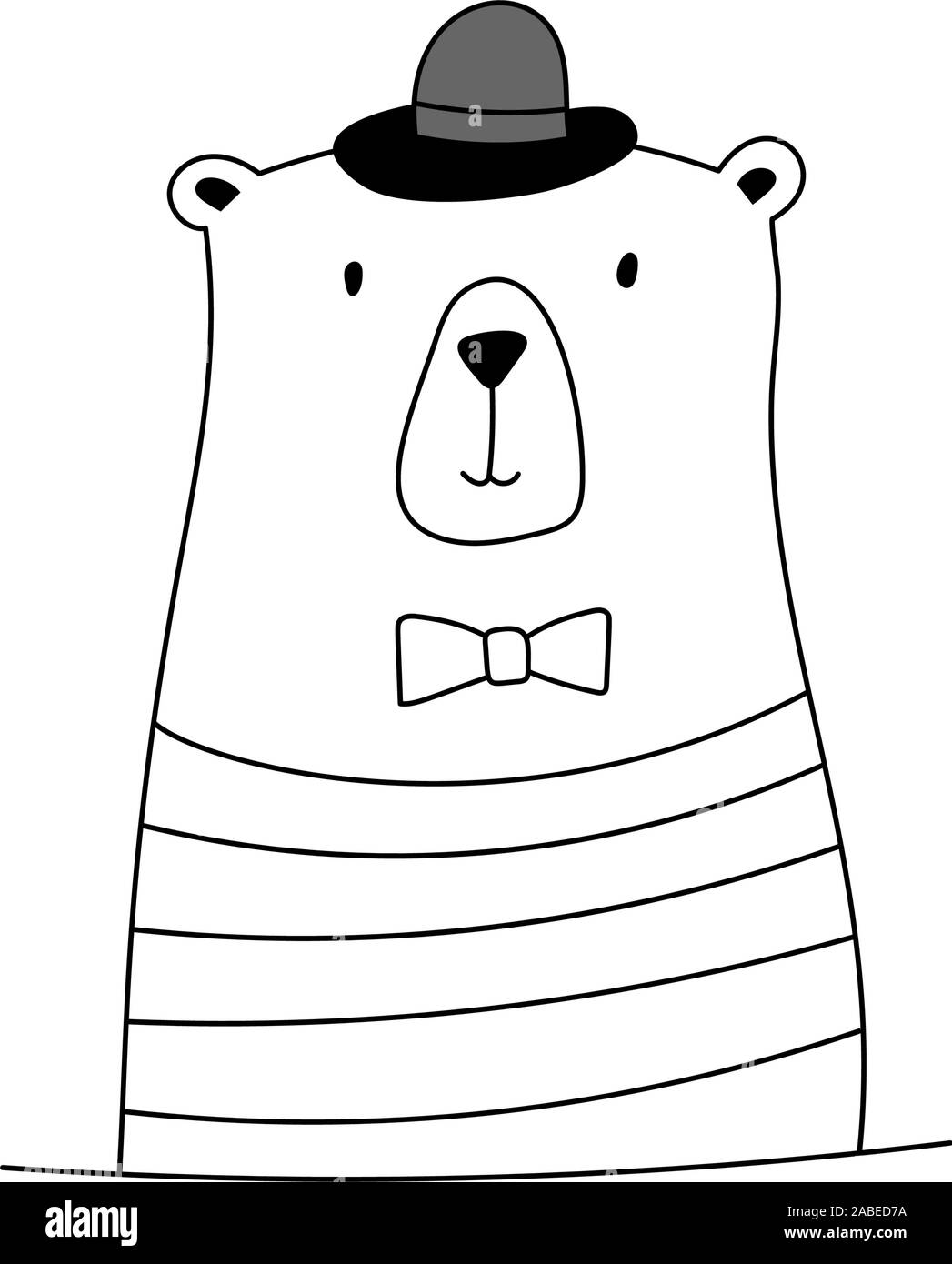 Cute cartoon doodle Bär mit Hut und binden. Logo Vektor auf weißem Hintergrund. outline schwarz-weiß Illustration, Design Element Stock Vektor