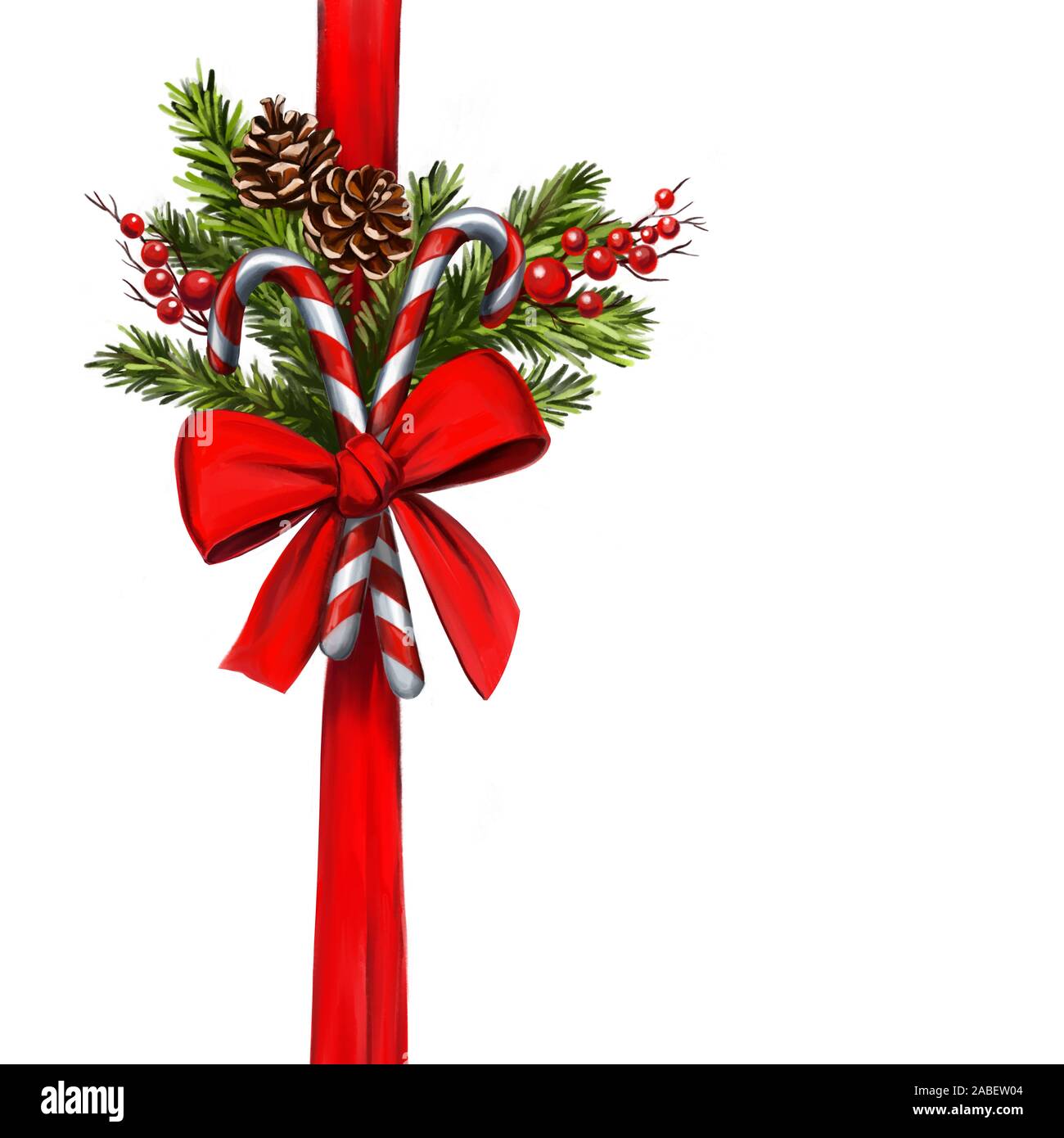 Weihnachtsschmuck mit roter Schleife mit Bogen auf weißem Hintergrund,, Art Illustration mit Aquarellfarben gemalt. Stockfoto
