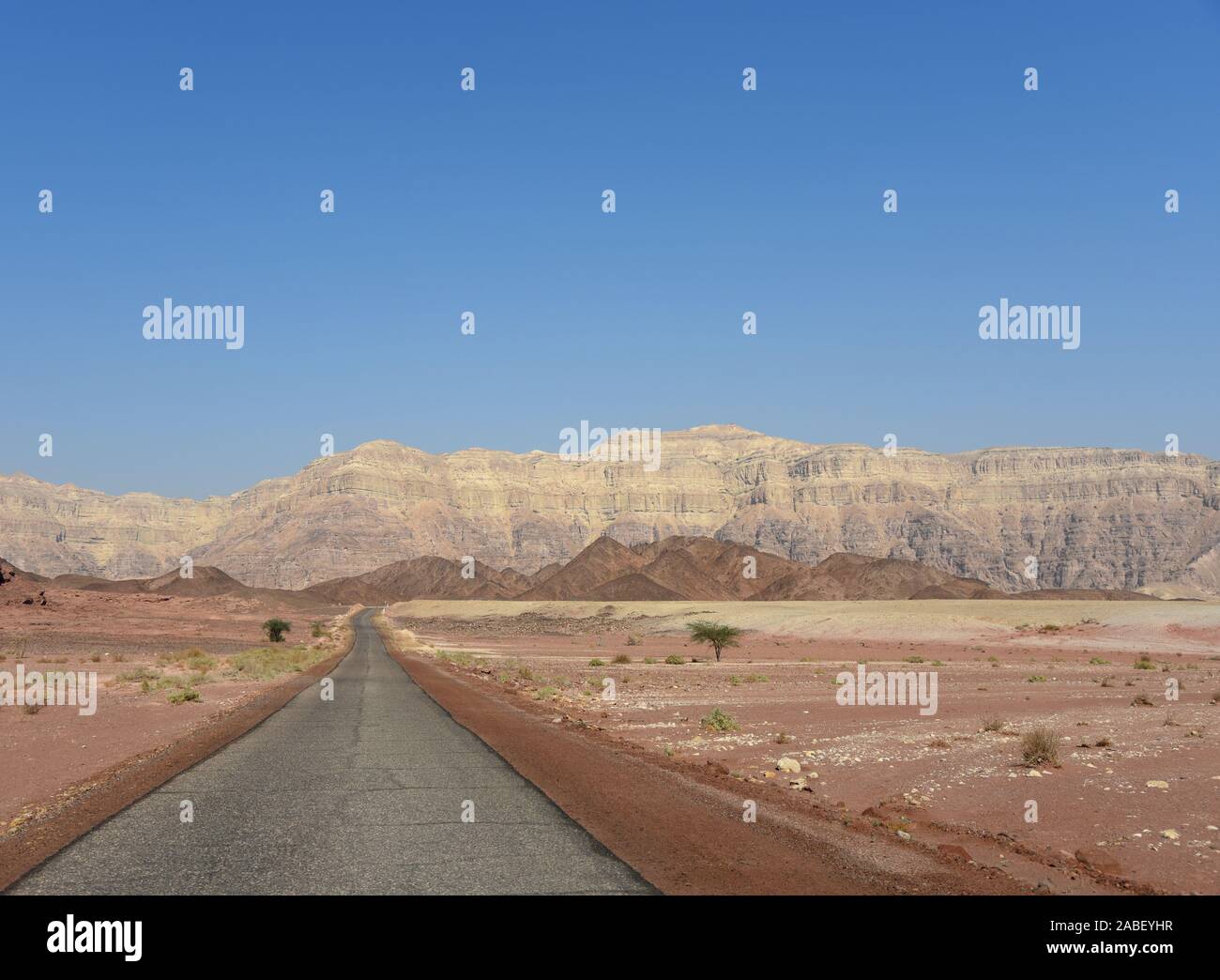 Gerade Straße bis zum Horizont an Timna Park, Arava, in der Nähe von Eilat, Israel Stockfoto