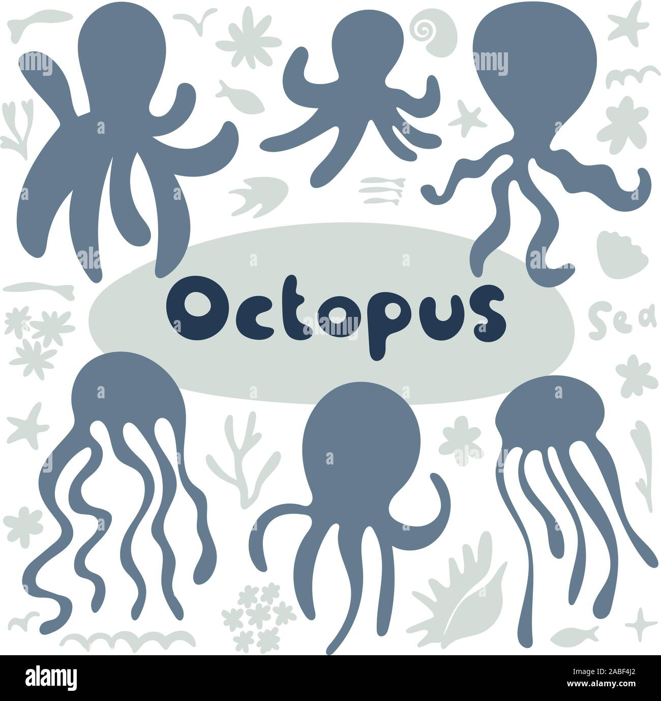 Cartoon Kraken isoliert auf weißem Hintergrund. Unter dem Meer Tiere Symbole in Grau Blau, Vektor. Stock Vektor