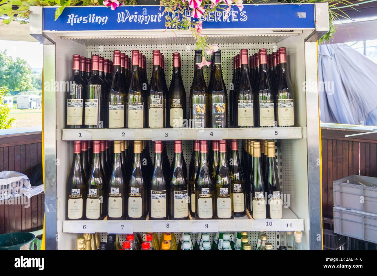 Flaschen Riesling des C.H. Berres in einem Kühlaggregat Schaltschrank an der Straße Weinfest, Ürzig, Mosel, Rheinland-Pfalz, Deutschland Stockfoto