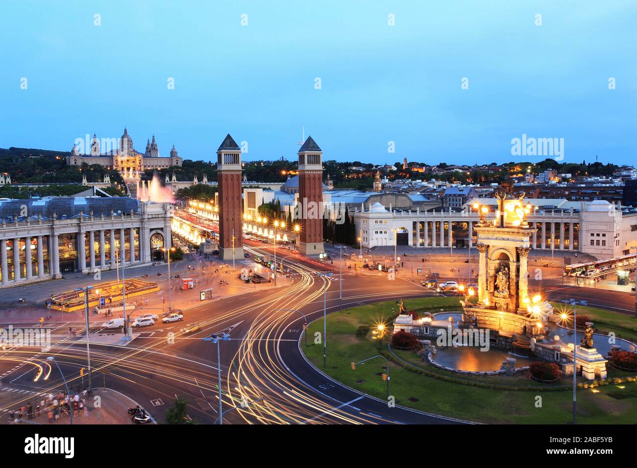 Beleuchtete Espana Square, Barcelona Stockfoto