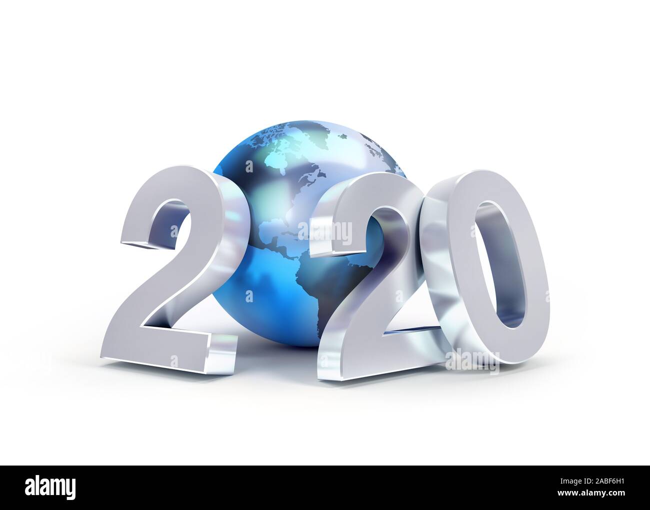 2020 Neues Jahr Datum Anzahl besteht aus einem blauen Planeten Erde, konzentrierte sich auf Nordamerika, auf Weiß - 3D Illustration isoliert Stockfoto
