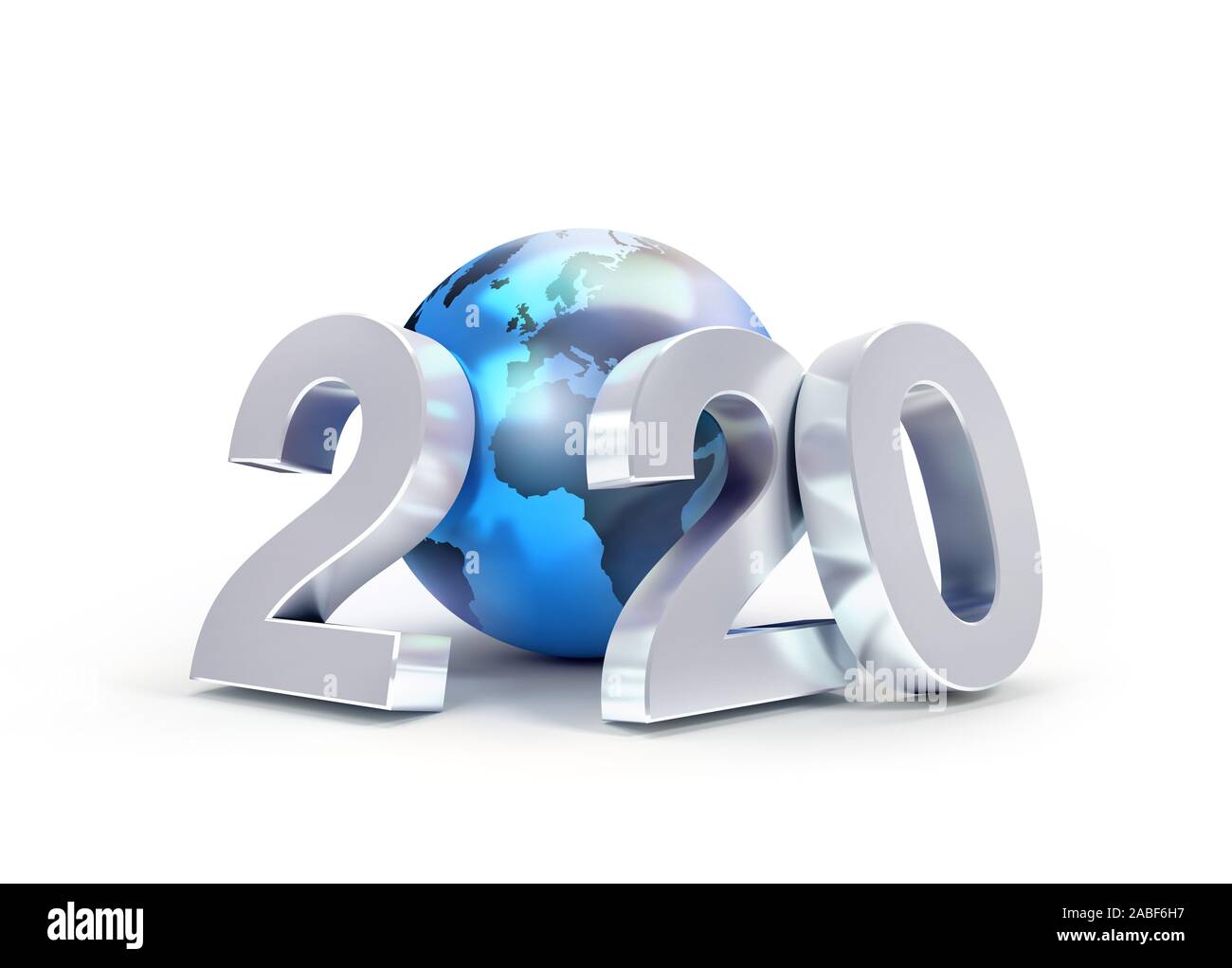 2020 Neues Jahr Datum Anzahl besteht aus einem blauen Planeten Erde, über Europa und Afrika, auf Weiß - 3D Illustration isoliert konzentriert Stockfoto