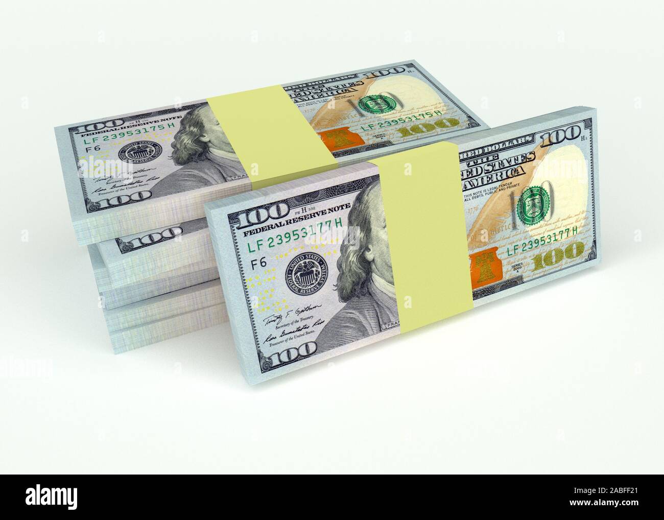 Große Stapel von Dollar auf Weiß isoliert. Business und Finanzen konzeptionell. 3D-Rendering Stockfoto