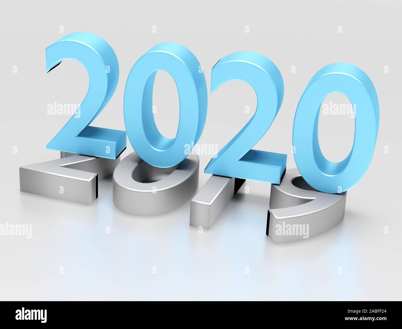 Blaue Nummern des Neuen Jahres 2020 Über die grauen alten 2019 auf weißem Hintergrund. 3D-Rendering Stockfoto