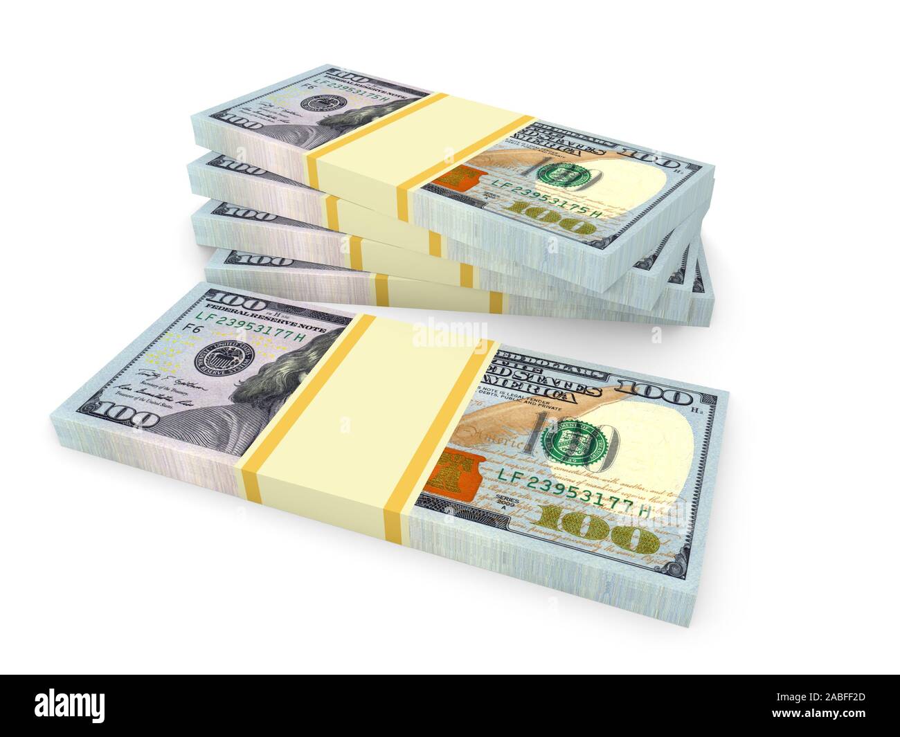 Große Stapel von Dollar auf Weiß isoliert. Business und Finanzen konzeptionell. 3D-Rendering Stockfoto