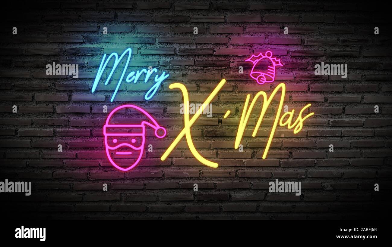 Merry X'mas glänzend Neonröhren Zeichen leuchten auf Schwarz brick wall. Farbenfrohe Schild mit Text Merry X'mas, cartoon Santa Claus und kleinen Glocke für Party de Stockfoto