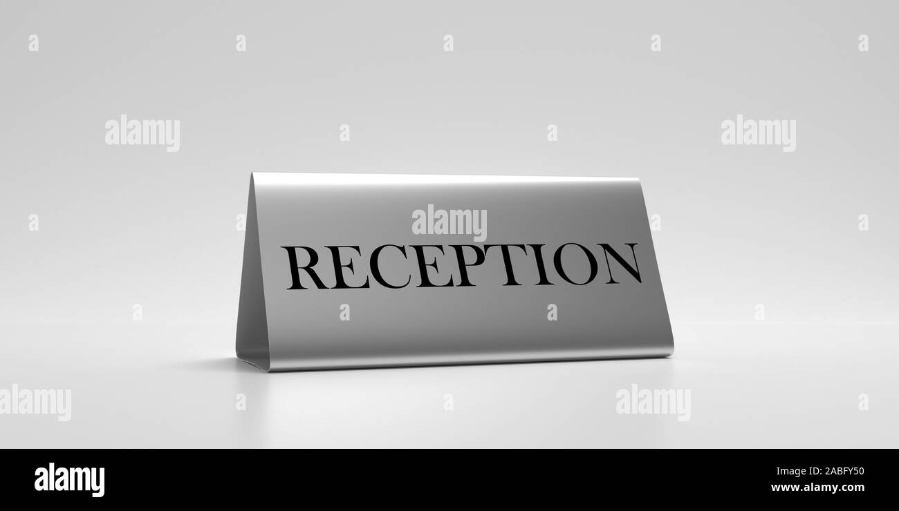 An der Rezeption anmelden. Tabelle Zelt, Rezeption Text vor weißem Hintergrund. 3D-Darstellung Stockfoto
