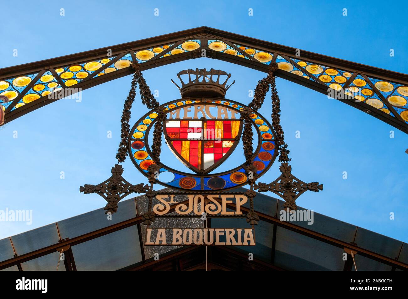 Schild am Eingang des Mercat de la Boqueria, Barcelona, Spanien Stockfoto Schild am Eingang des Mercat de la Boqueria, Barcelona, Spanien Stockfoto