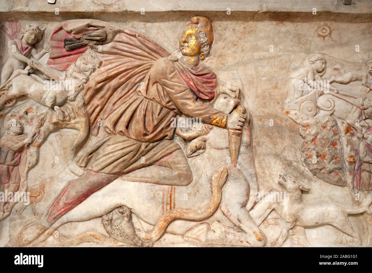 Italien, Rom, Terme di Diocleziano, Diokletianbäder, Museo Nazionale Romano, Nationales Römisches Museum, Marmor Flachrelief von Mithras (3. Jahrhundert n. Chr.) Stockfoto