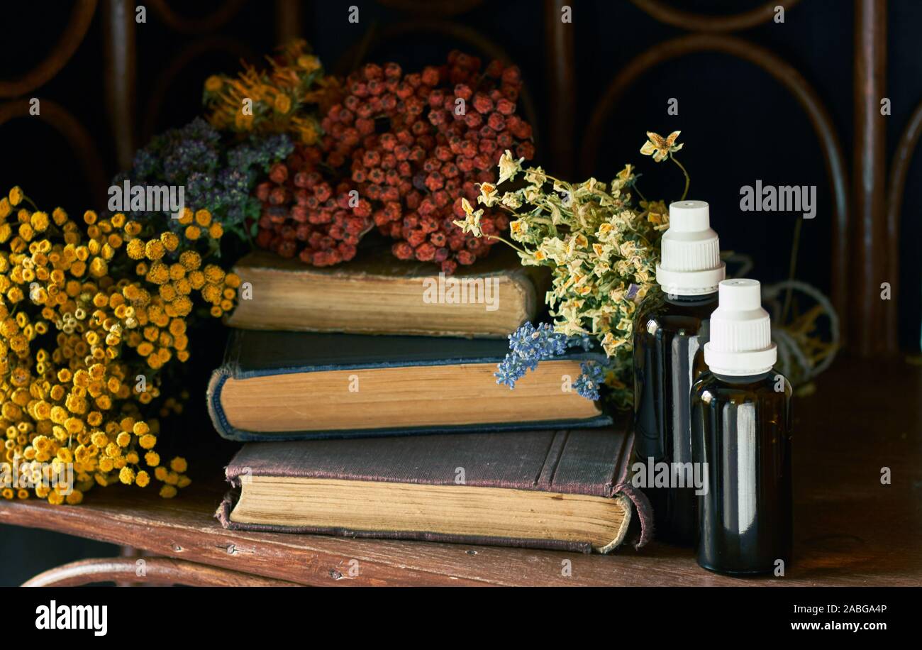 Getrocknete Wildkräuter rund um alte pharmazeutische Bücher mit Rezepten der alternativen Medizin in der Nähe von Flaschen mit natürlichen Pflanzenextrakten auf dunklen Stockfoto