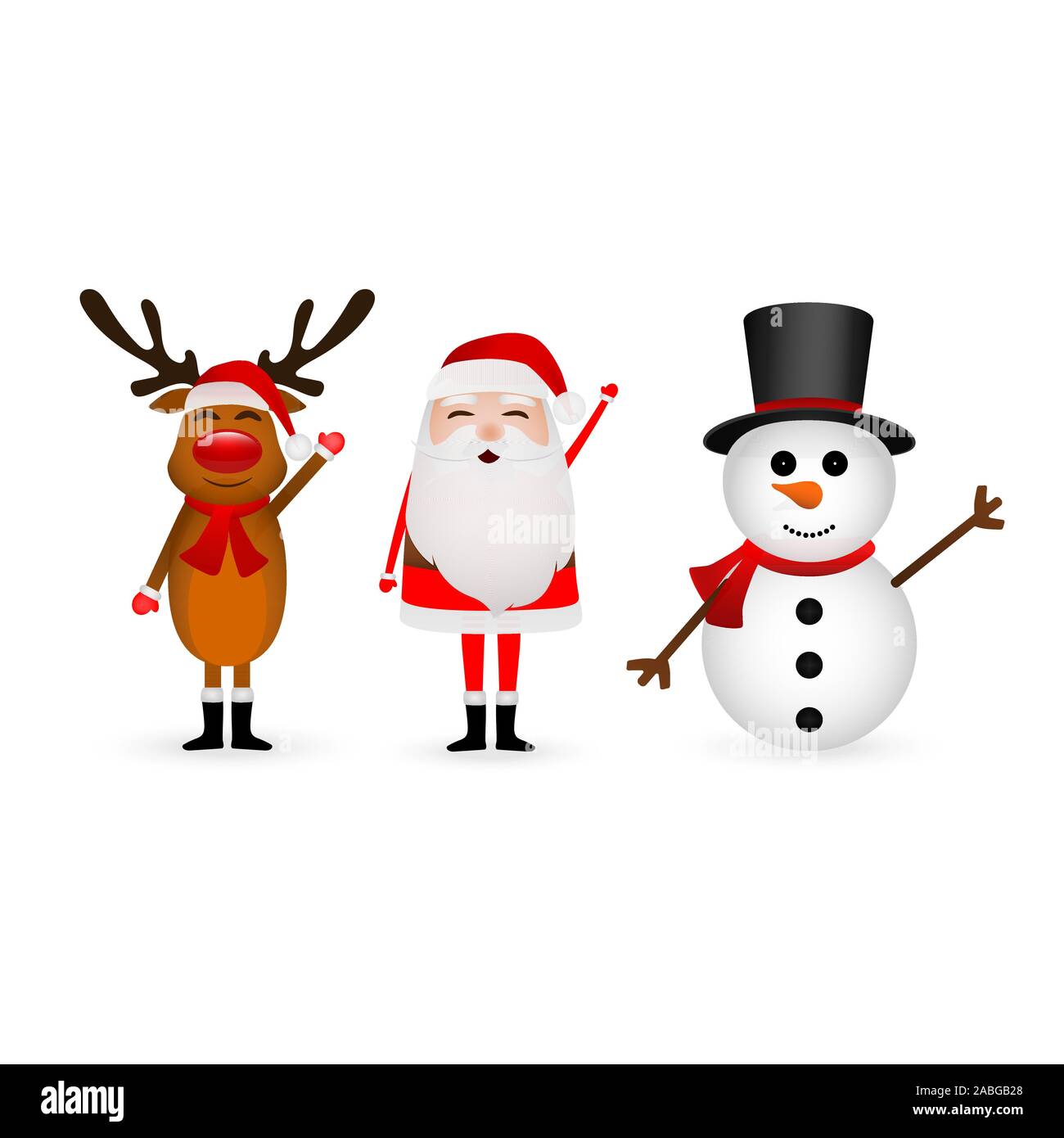 Cartoon lustige Weihnachtsmann, Rentier und Schneemann winkende Hände auf weißen isoliert Stock Vektor