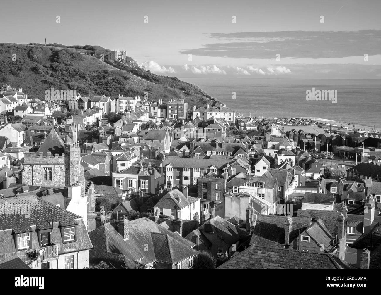 Blick auf die Altstadt von Hastings vom Castle Hill Stockfoto