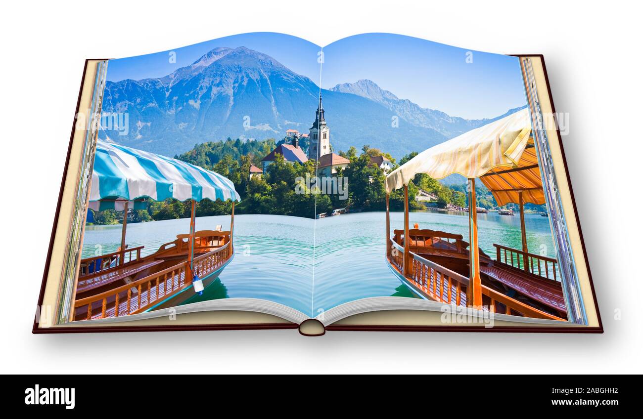 Typische Holzboote, in der slowenischen "Pletna", in dem der See Bled, dem berühmten See in Slowenien mit der Insel der Kirche (Europa - Slowenien) Stockfoto