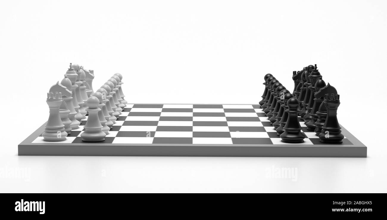 Schach Schachbrett. Schachfiguren schwarze und weiße Fläche auf einem Schachbrett gegen weiße Farbe Hintergrund isoliert, Banner zu Gesicht. 3D-Darstellung Stockfoto