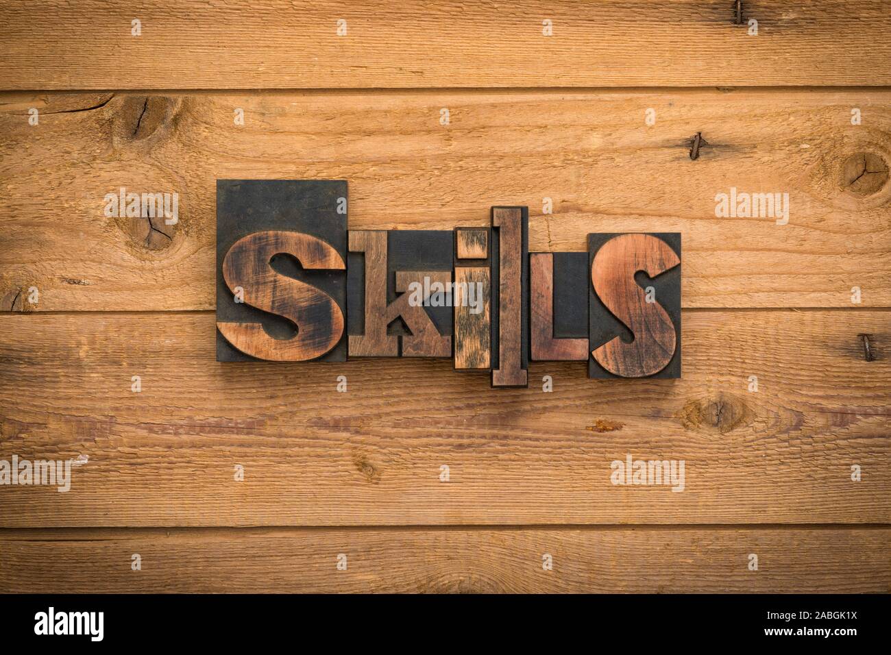 Fähigkeiten, einzelnes Wort mit Vintage Buchdruck Blöcke auf rustikalem Holz Hintergrund geschrieben. Stockfoto