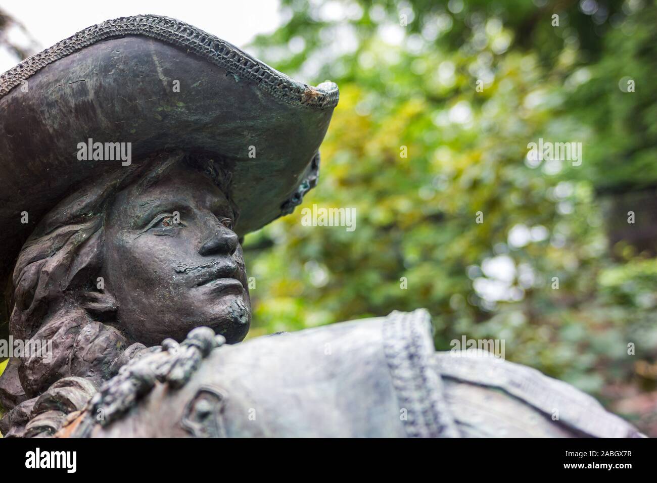 D'Artagnan (Charles de Batz de Castelmore) Statue Gesicht Detail in der Aldenhofpark Maastricht, Niederlande Stockfoto