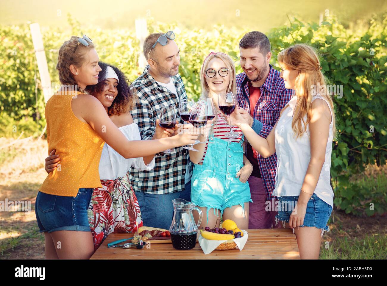 Junge Freunde Spaß am Picknick im Weinberg outdoor. Gruppe von jungen Menschen. Freundschaft, Sommer, Essen Wein Konzept Stockfoto