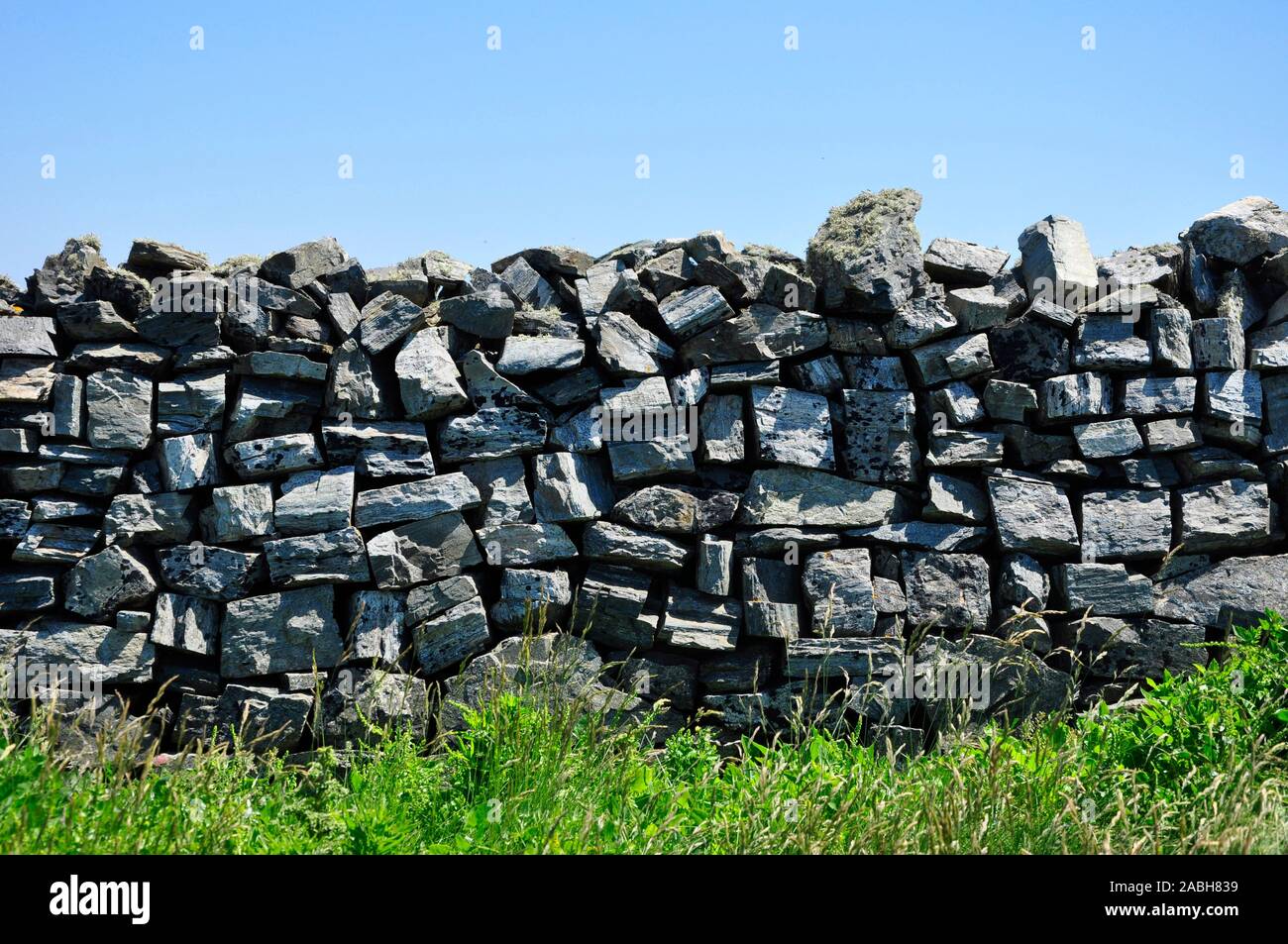 Trockenmauer, Feldgrenze in West Penwith, Cornwall. Granit, Random, Großbritannien Stockfoto