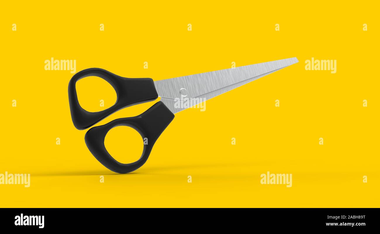 Schere 3D-Rendering auf gelbem Hintergrund Stockfoto