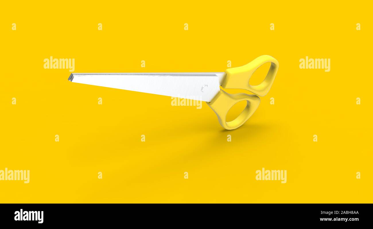 Schere 3D-Rendering auf gelbem Hintergrund Stockfoto