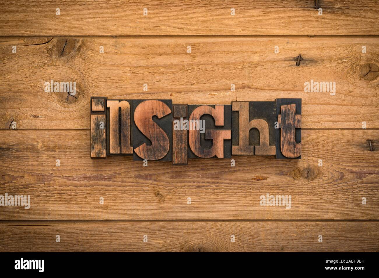 Insight, einem Wort mit Vintage Buchdruck Blöcke auf rustikalem Holz Hintergrund geschrieben. Stockfoto