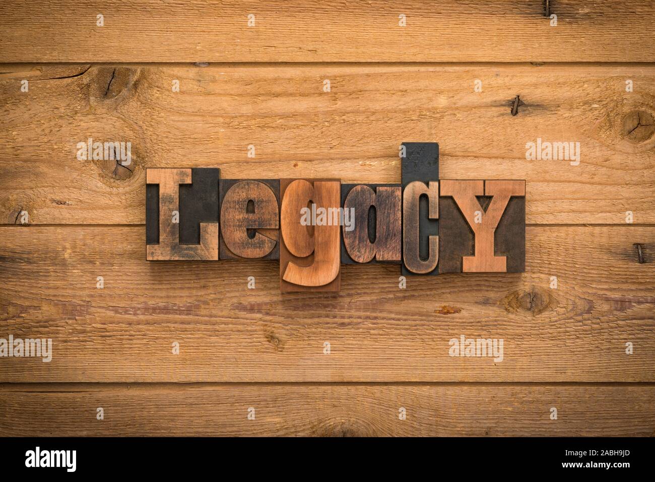 Legacy, einzelnes Wort mit Vintage Buchdruck Blöcke auf rustikalem Holz Hintergrund geschrieben. Stockfoto