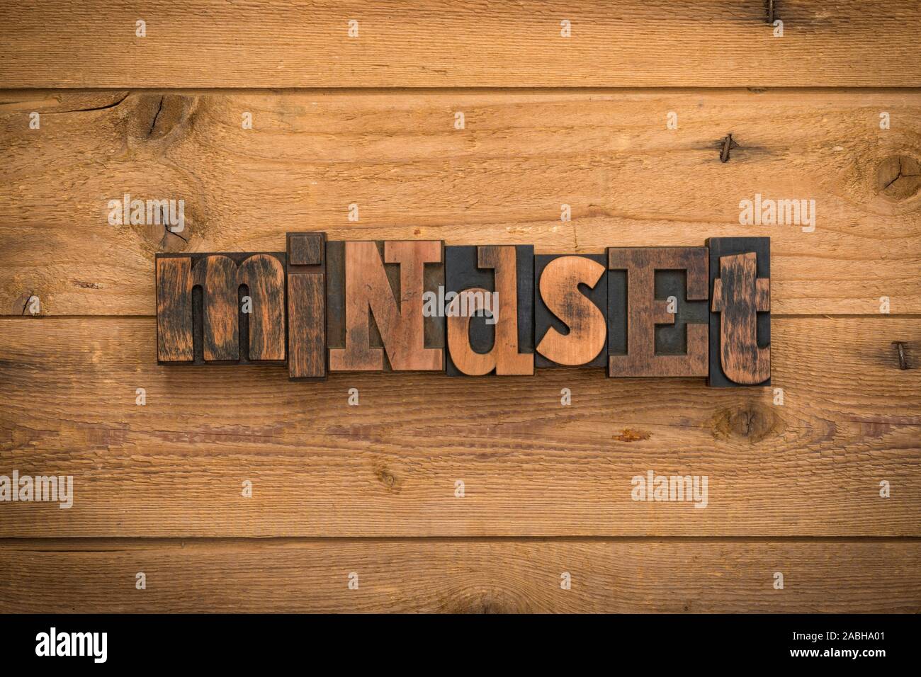 Denkrichtung, einzelnes Wort mit Vintage Buchdruck Blöcke auf rustikalem Holz Hintergrund geschrieben. Stockfoto