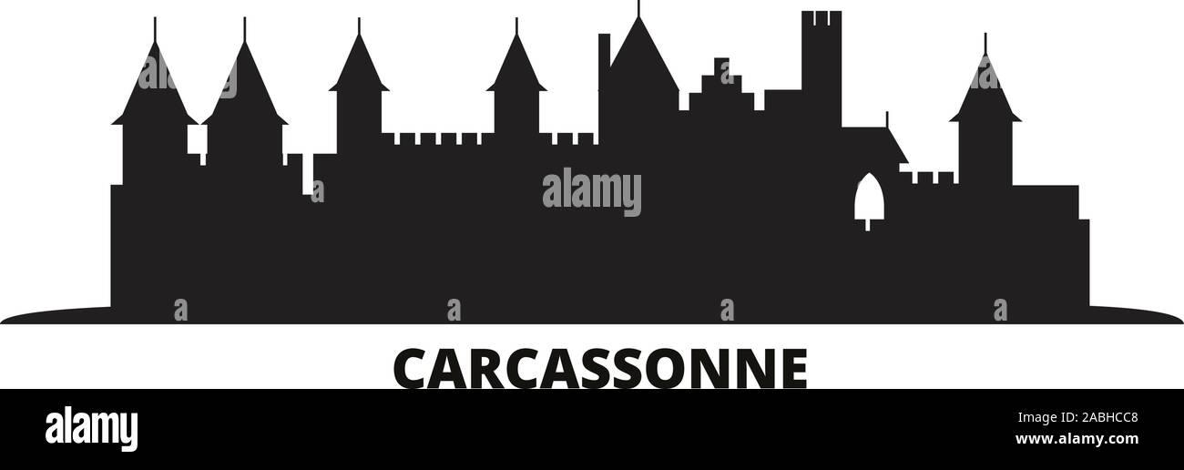 Frankreich, Carcassonne Wahrzeichen der Skyline der Stadt isoliert Vector Illustration. Frankreich, Carcassonne Sehenswürdigkeit reisen Stadtbild mit Referenzmarken Stock Vektor