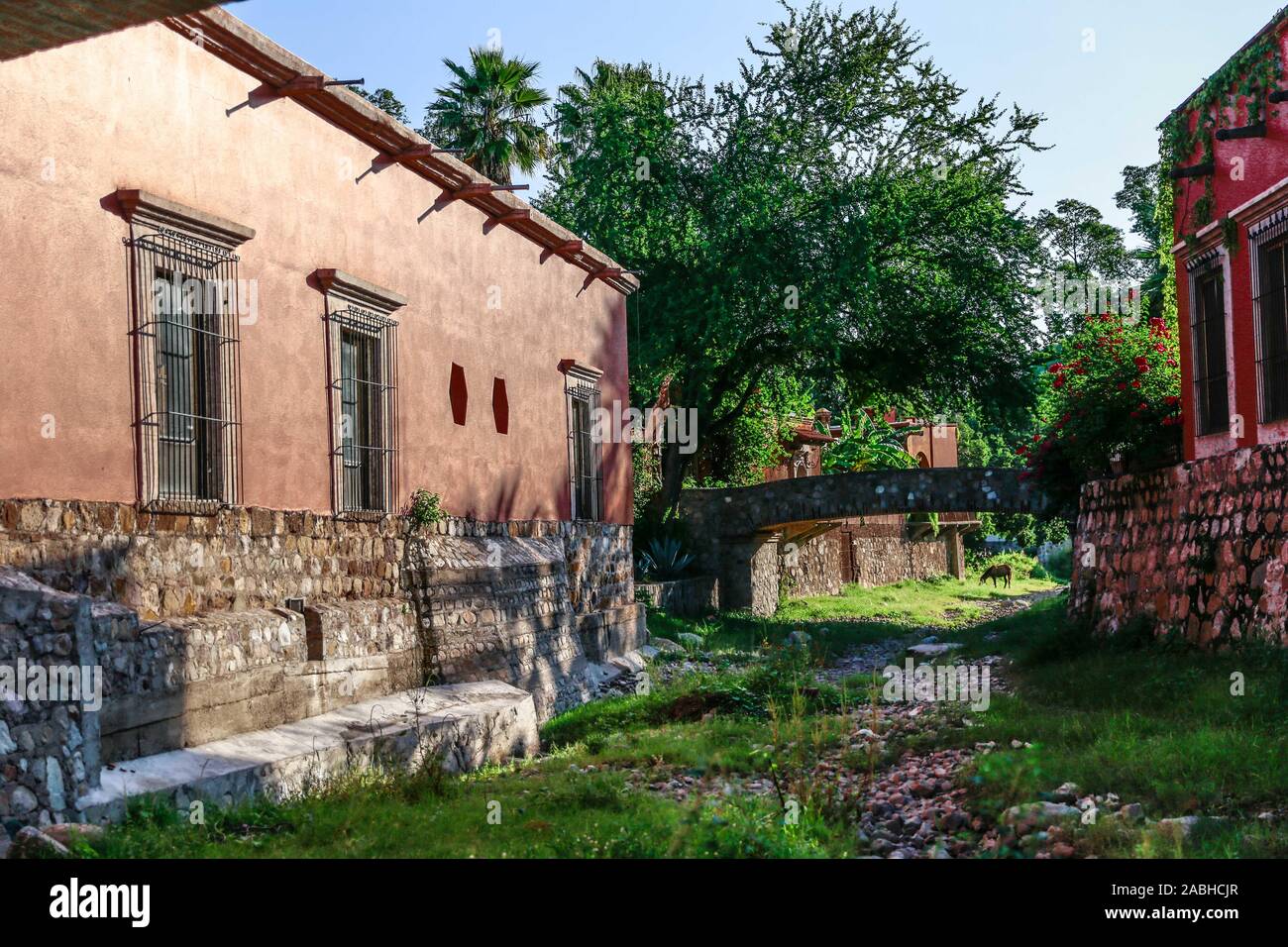 Hacienda De Los Santos. Steinerne Brücke in einem Bach, Kreuze Alamos, Sonora Mexico, eine magische und Kolonialstadt. Diese mexikanische Villa wurde als Real de Los Alamos oder Los Frayles bekannt. Die Stadt Portale. Schatten, Fahren, Reisen, Tourismus, Architektur, Reiseziel im Freien. © (© Foto: LuisGutierrez/NortePhoto.com) Puente de Piedra de Arroyo que cruza por Alamos, Sonora México, Pueblo Mágico y Colonial. Esta Villa Mexicana fue conocido como Real de Los Alamos o de los Frayles. La Ciudad de Los Portales. sombras, manececer, viaje, Turismo, arquitectura, destino Turistico im Freien. © Stockfoto