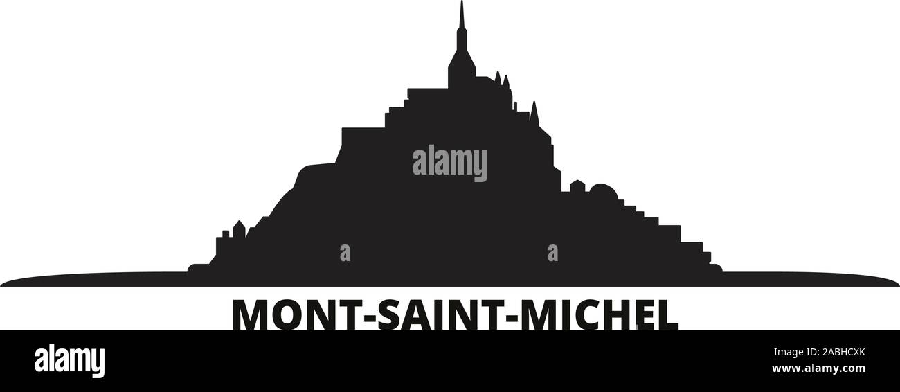 Frankreich, Mont Saint Michel und seine Bucht Skyline der Stadt isoliert Vector Illustration. Frankreich, Mont Saint Michel und seine Bucht reisen Stadtbild mit Referenzmarken Stock Vektor
