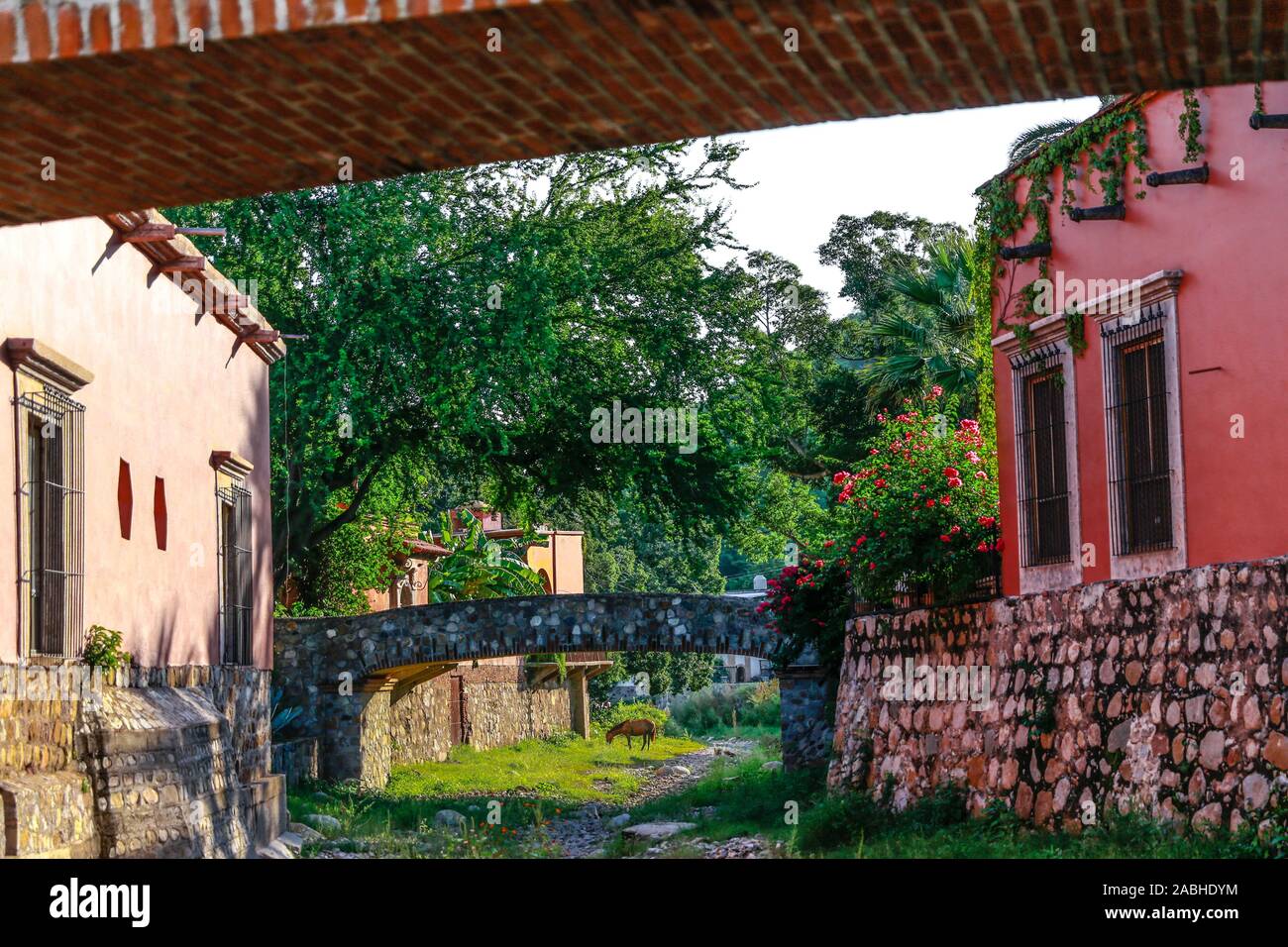 Hacienda De Los Santos. Steinerne Brücke in einem Bach, Kreuze Alamos, Sonora Mexico, eine magische und Kolonialstadt. Diese mexikanische Villa wurde als Real de Los Alamos oder Los Frayles bekannt. Die Stadt Portale. Schatten, Fahren, Reisen, Tourismus, Architektur, Reiseziel im Freien. © (© Foto: LuisGutierrez/NortePhoto.com) Puente de Piedra de Arroyo que cruza por Alamos, Sonora México, Pueblo Mágico y Colonial. Esta Villa Mexicana fue conocido como Real de Los Alamos o de los Frayles. La Ciudad de Los Portales. sombras, manececer, viaje, Turismo, arquitectura, destino Turistico im Freien. © Stockfoto