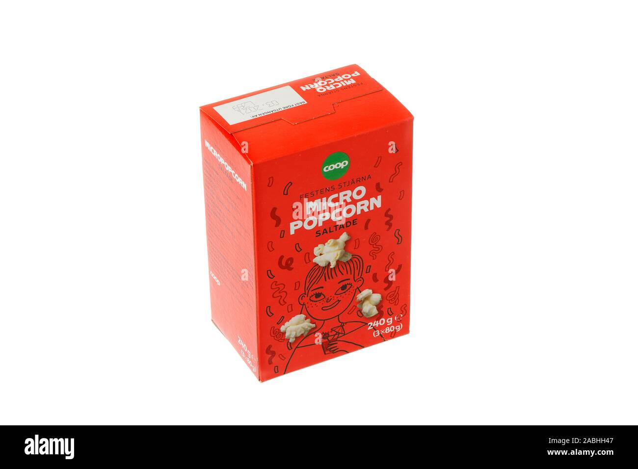 Stockholm, Schweden - November 21, 2019: ein rotes Kästchen mit Coop Marke micro Popcorn bereit in der Mikrowelle zu knallen. Stockfoto