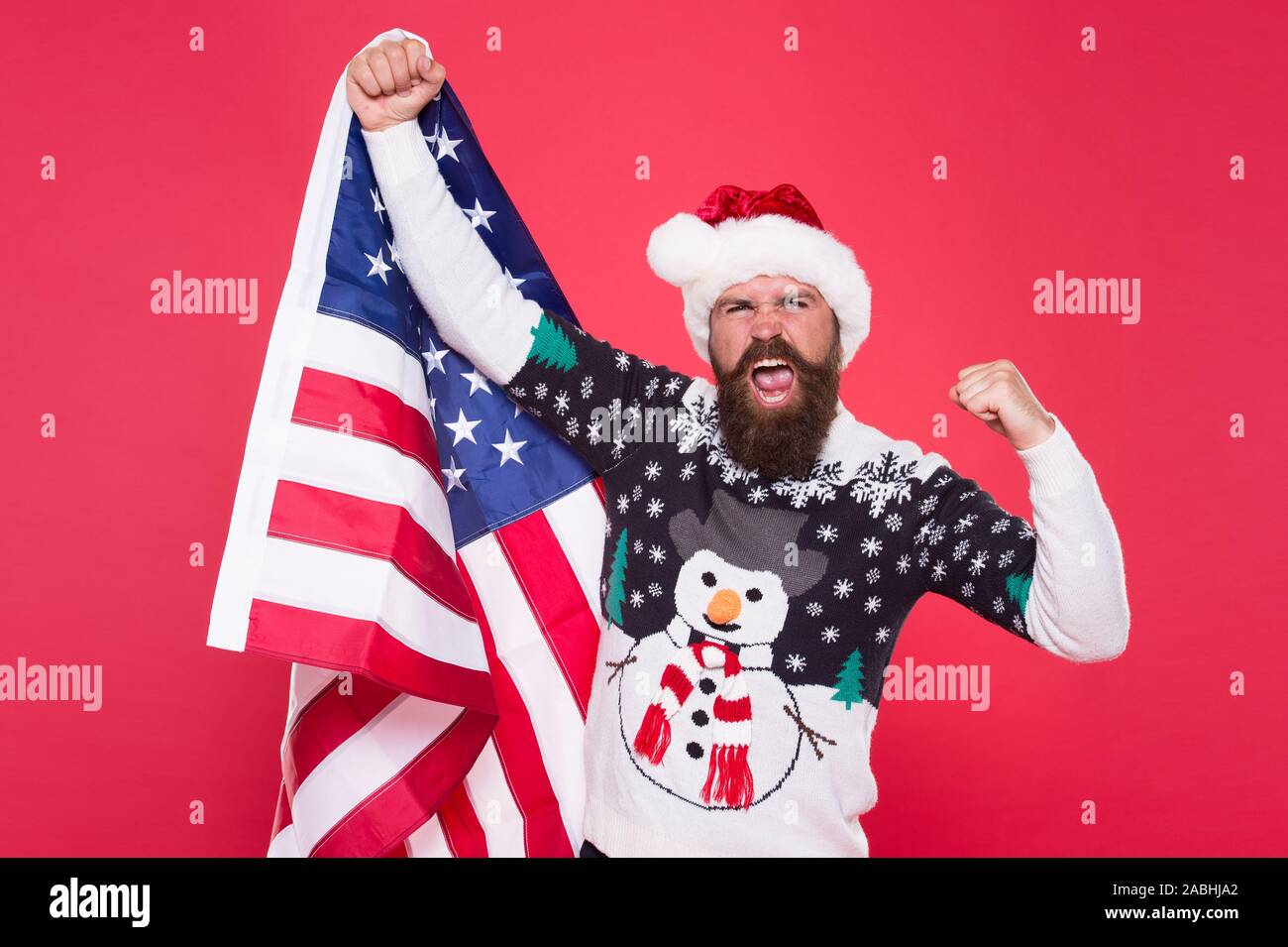 Grüße an alle meine Landsleute. Nationaler Geist. Weihnachtsfeiertag. Guy Weihnachten feiern. Fröhliche Hipster. Patriotismus ist einfach in Amerika zu verstehen. Weihnachten in den Vereinigten Staaten von Amerika. Stockfoto