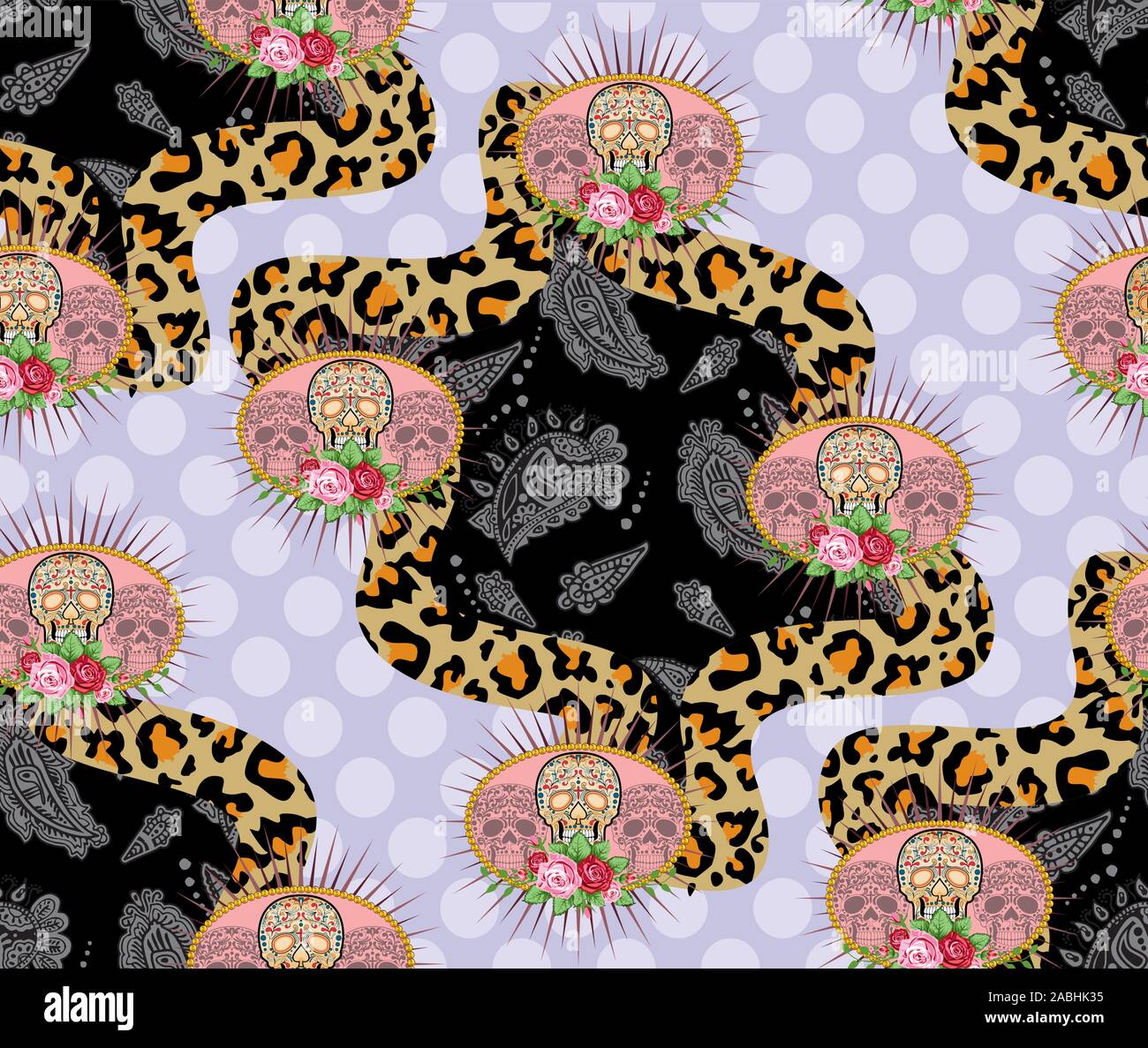 Monochrome Paisley Muster mit traditionellen Schädel, Leopard Haut Textur, Polka Dots Hintergrund. - Vektor Stock Vektor