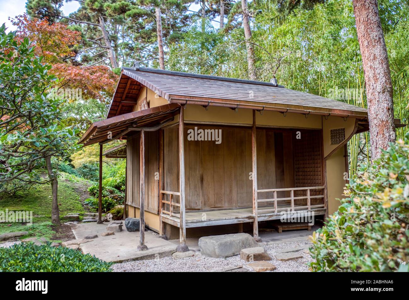 Japanische Holzhaus in Albert Kahn Park - Issy-les-Moulineaux Stockfoto