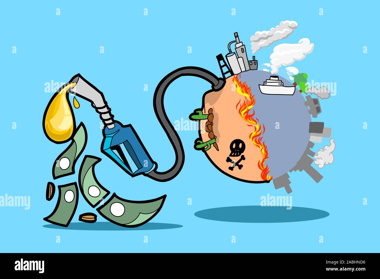 Vektor Zeichnung Abbildung der Erde Umwelt Verschmutzungen. Die menschliche Nutzung fossiler Brennstoffe und zerstört die Welt drehen, Wüste, die durch die globale Erwärmung. Stock Vektor